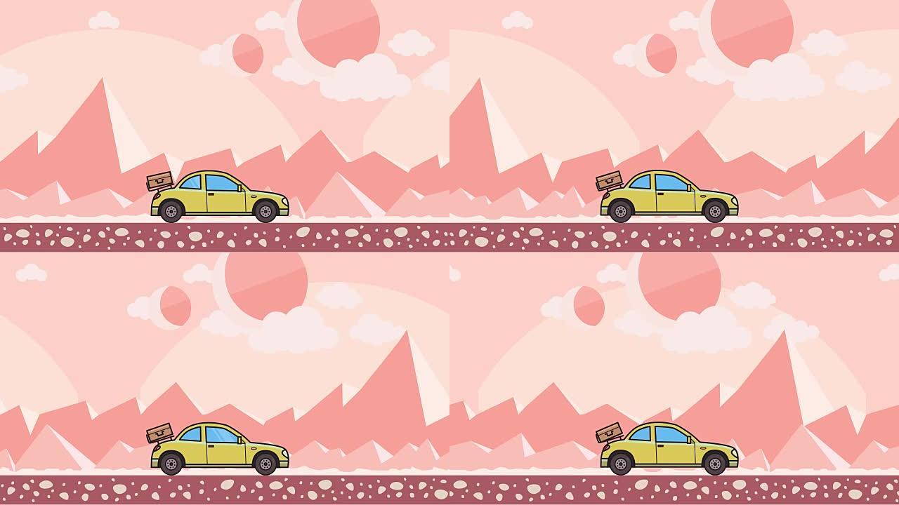 动画轿跑车，后引擎盖上有行李，穿过外星人粉红色的沙漠。在蒙丹沙漠背景上移动掀背车。平面动画。