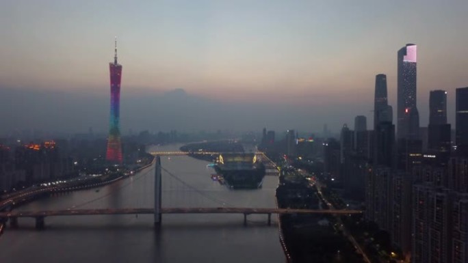 日落照明广州市中心广州塔河大桥空中全景4k中国