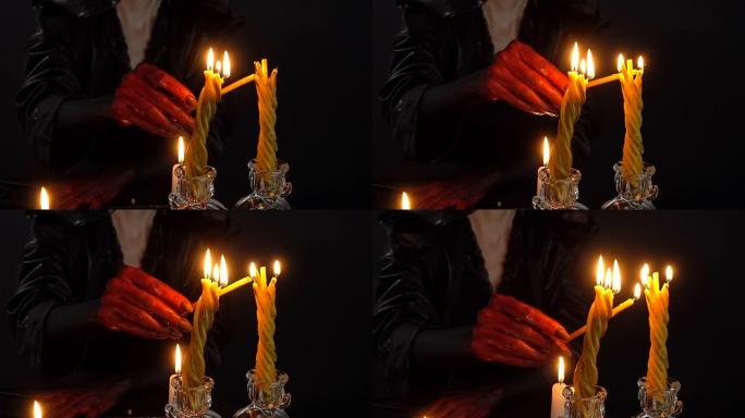 双手沾满鲜血的女人点燃蜡烛