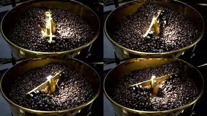 烘焙咖啡豆使用自动咖啡烘焙机，以圆周运动加热和搅拌，使锅变热。