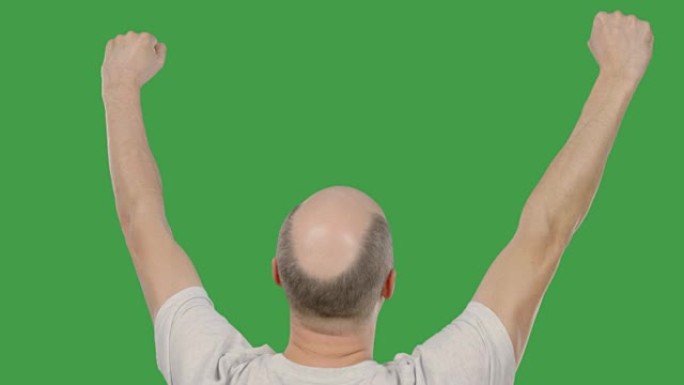 成功的秃头男子在绿色的屏幕上举起手来庆祝。阿尔法通道