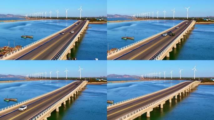 跨海大桥美丽海岸线风力发电航拍