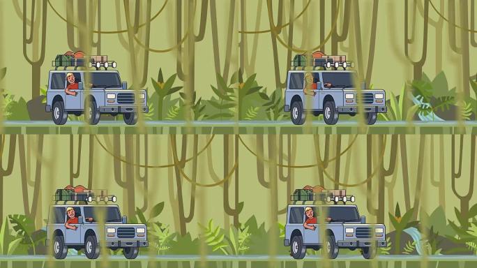 带行李的动画汽车在屋顶上，微笑的家伙在车轮后面骑着穿过雨林。移动车辆在丛林森林背景和丛林藤蔓挂在前景