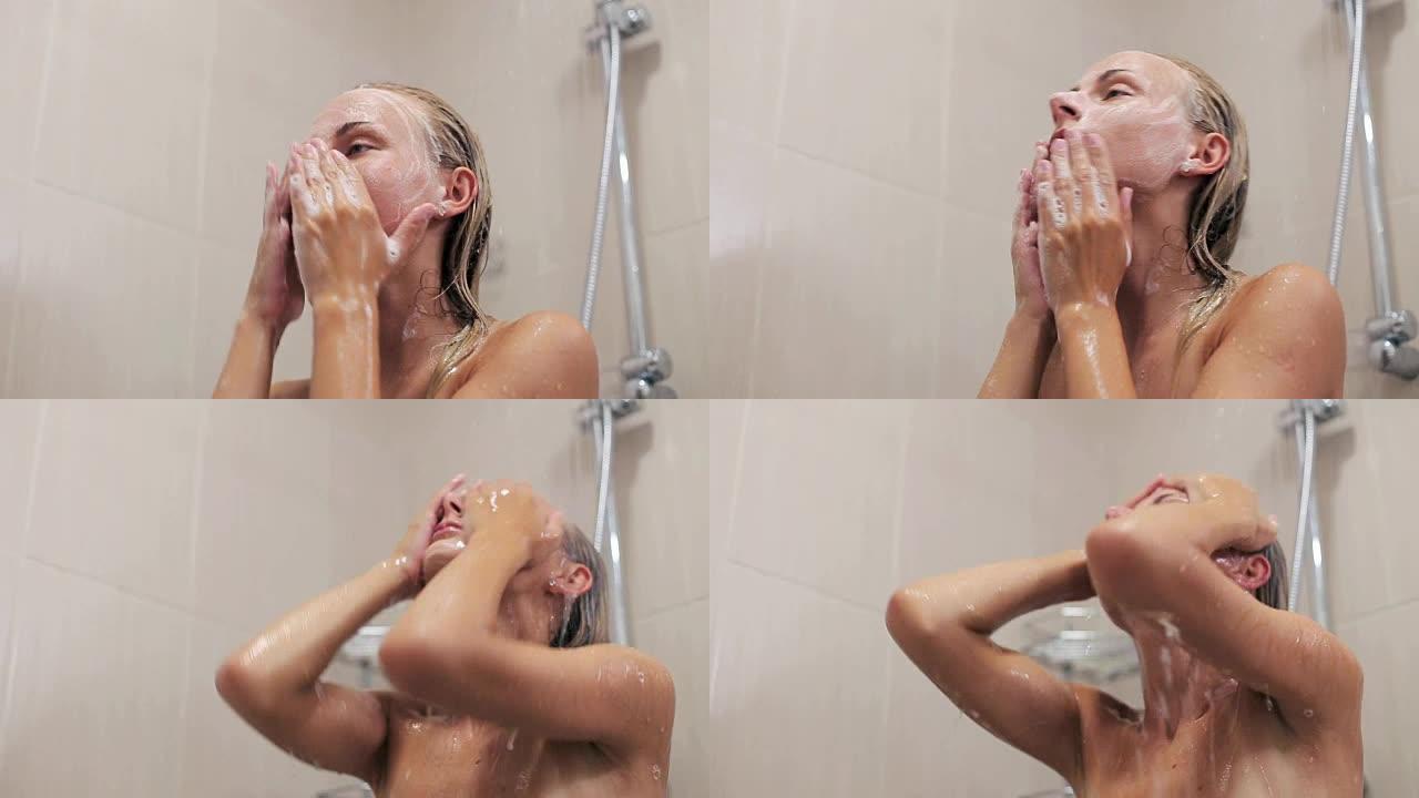 护肤品女人淋浴洗脸泡沫洗面皂在皮肤上。在酒店的家中，女性成人在热水中清洁身体的特写镜头