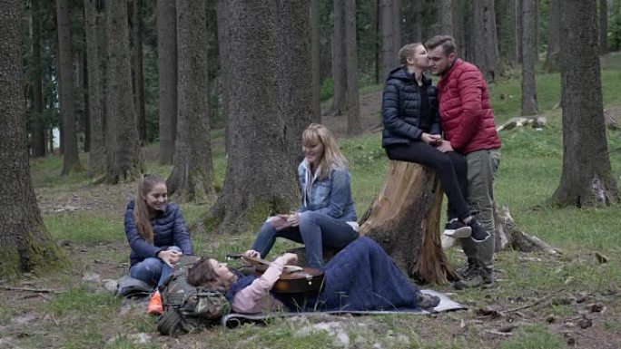 一群快乐的朋友在树林里露营，享受大自然弹吉他，一起躺在草地上唱歌