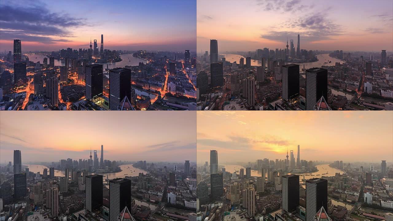 上海天际线和城市景观的昼夜变化