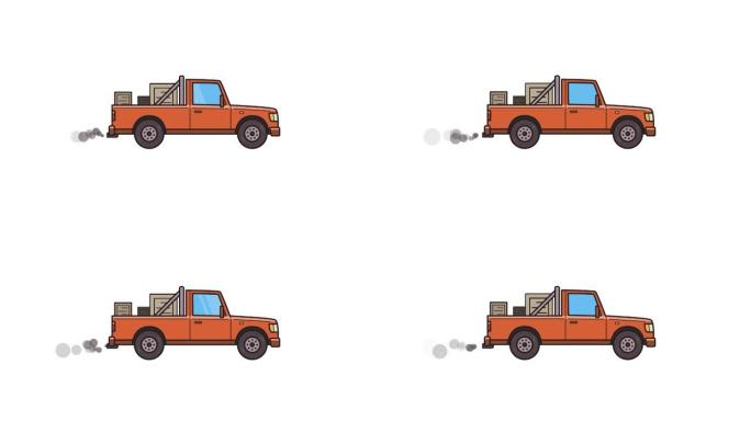 带盒子的动画红色皮卡。送货车，侧视图。平面动画。孤立在白色背景上。