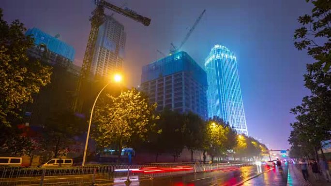 武汉市夜间照明市中心海湾建设交通道路全景4k延时中国