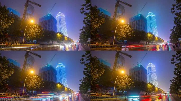 武汉市夜间照明市中心海湾建设交通道路全景4k延时中国