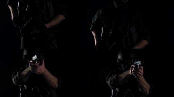 特警在黑色制服的演播室里