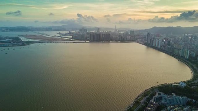 中国晚霞珠海著名海湾澳门航空全景4k延时