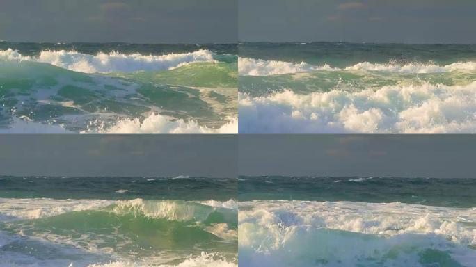 地平线上的大海带来了巨大的泡沫波浪