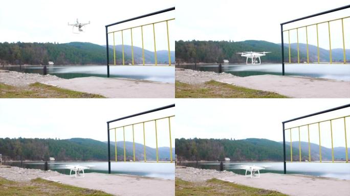 无人机以慢动作着陆的宽幅镜头