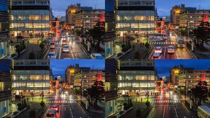 在静冈县日落时分，人们穿过马路