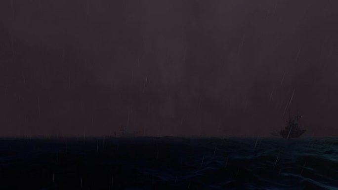海洋上的船只在晚上下雨的时候暴风雨般的大海