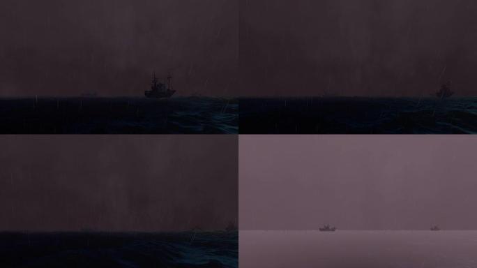 海洋上的船只在晚上下雨的时候暴风雨般的大海