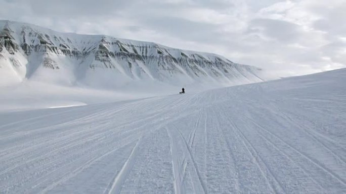 北极北极的男子骑狗雪橇队哈士奇爱斯基摩人白雪路。