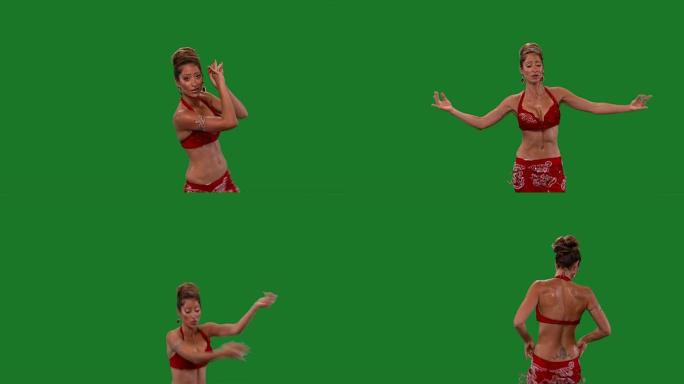 Bellydance。美丽的肚皮舞。绿色的屏幕。红色的裙子