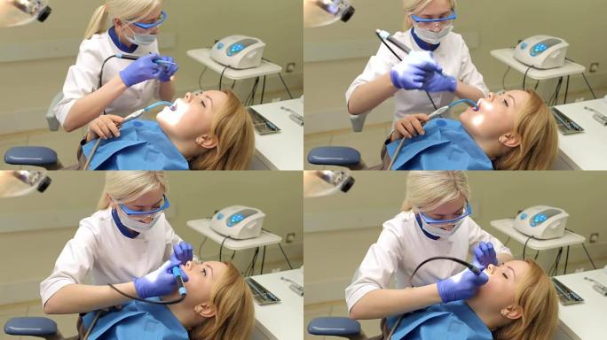 牙医医生在牙科诊所钻牙