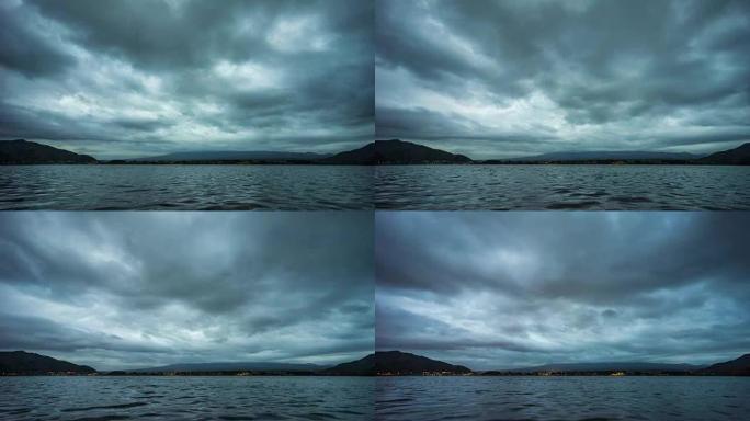 从河口湖看富士山，天空多云，延时视频