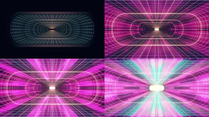 通过虚拟现实霓虹蓝格紫光网络隧道平视显示器界面运动图形动画背景新质量复古未来复古风格酷漂亮视频foo