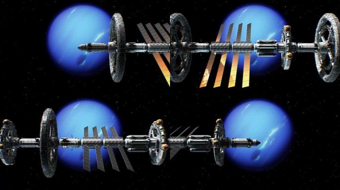海王星背景上的科幻星际飞船