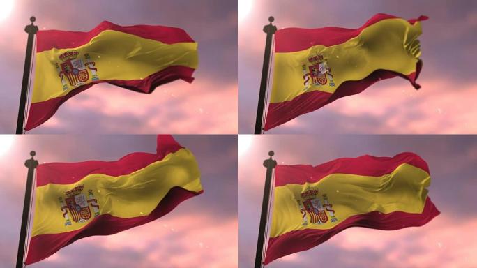 西班牙国旗在日落时以缓慢的循环在风中挥舞