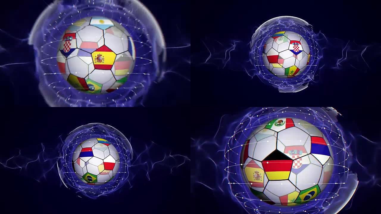 足球和世界旗帜在蓝色抽象粒子环，放大 \ 缩小，动画，背景，循环