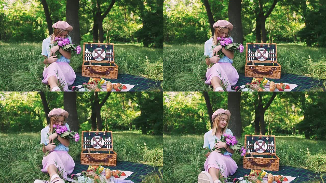快乐微笑的年轻女子在户外野餐时在公园里享受一束鲜花