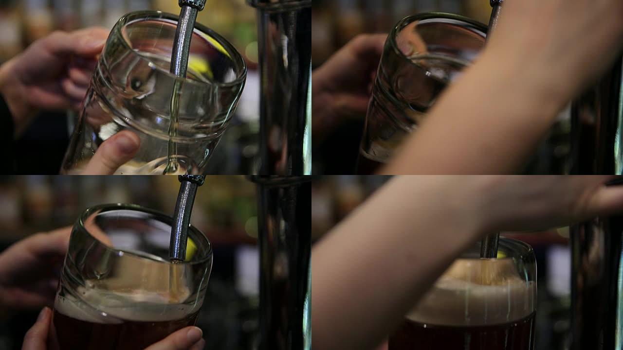 将啤酒从桶中通过分配器直接倒入杯子中。