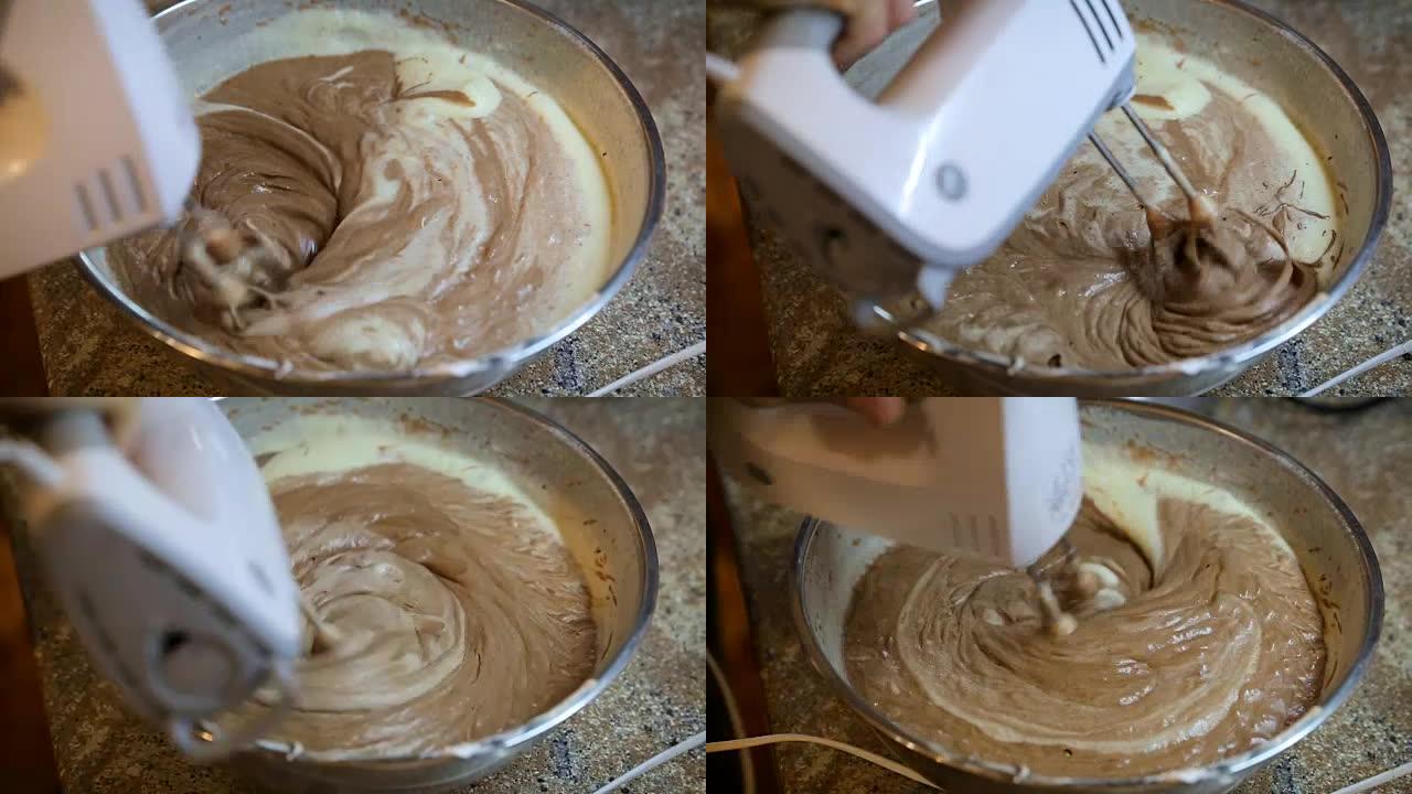 用电动搅拌器搅拌巧克力或可可粉、发酵粉和面粉。