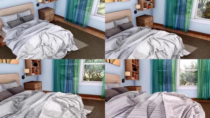 现代卧室室内3D动画双人床