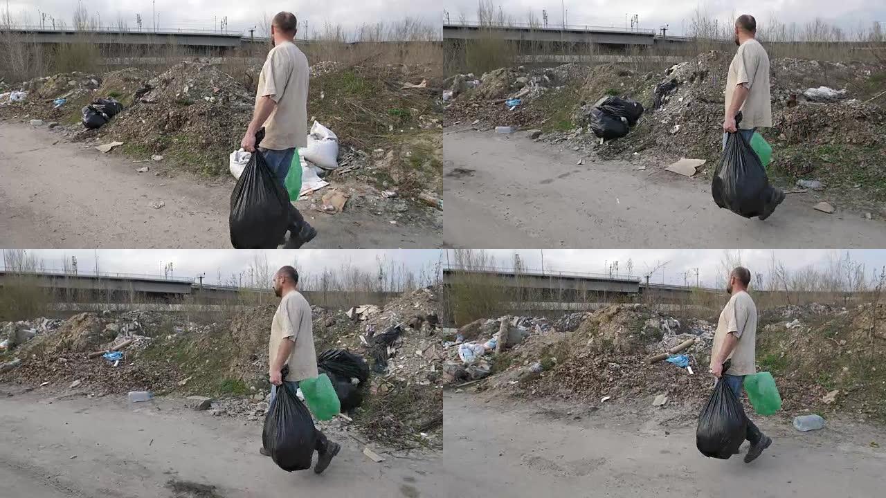 在垃圾填埋场寻找塑料的人的后视图