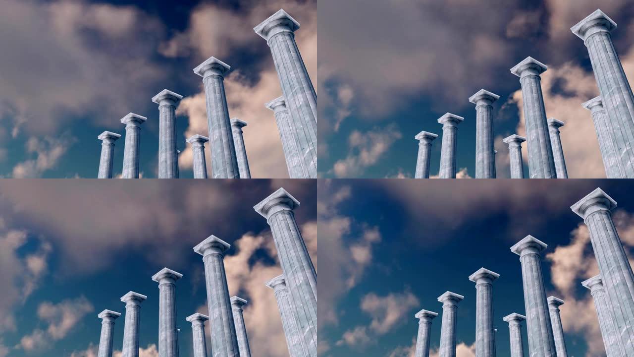 3D古柱柱廊对抗多云的天空