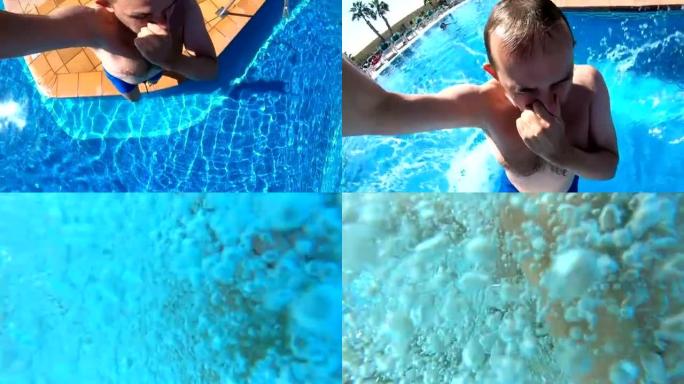 男子以慢动作跳入游泳池