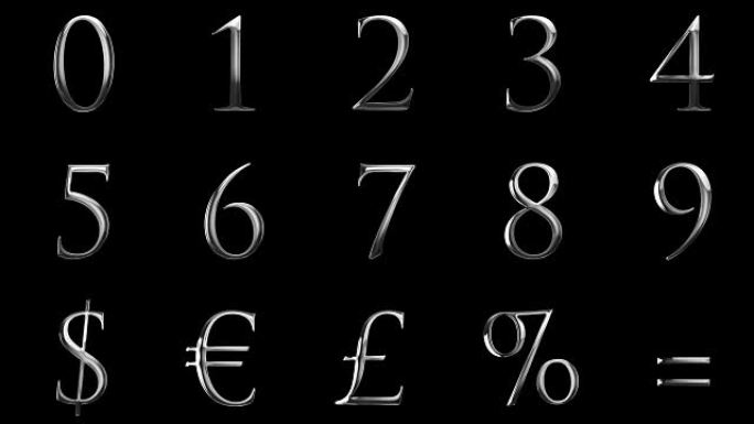 复古字体黄色银色金属数字字母单词文本系列，带有欧元、美元、百分比、相等、英镑、黑色背景上的符号符号，
