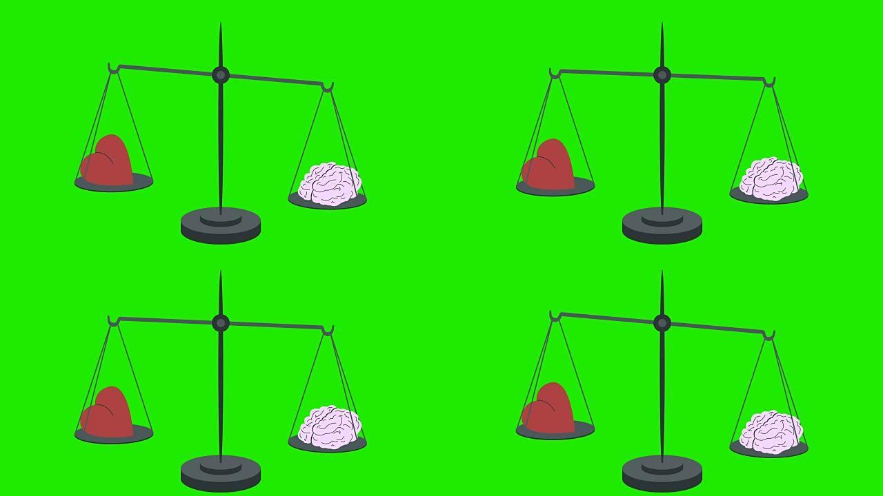 循环绿色屏幕中的尺度上的大脑平等的心脏