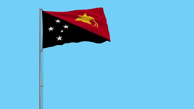 在蓝色背景上随风飘扬的旗杆上隔离巴布亚新几内亚的旗帜，3d渲染