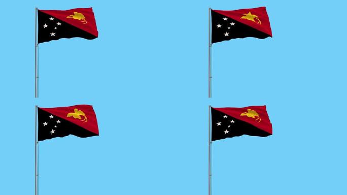 在蓝色背景上随风飘扬的旗杆上隔离巴布亚新几内亚的旗帜，3d渲染