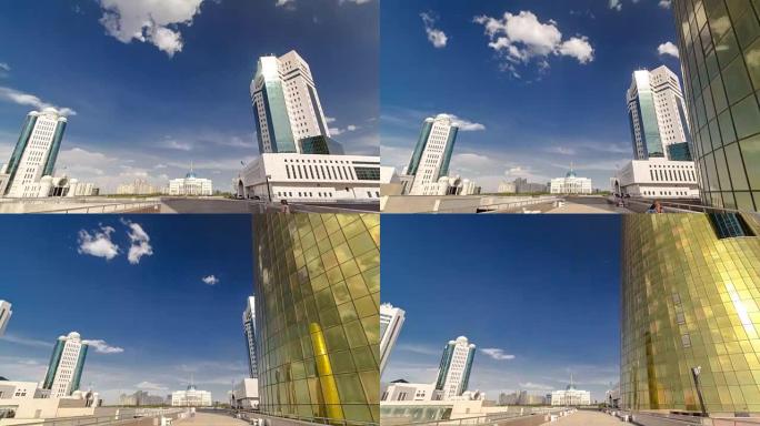 哈萨克斯坦共和国议会大厦和现代橙色塔的时间推移，阿斯塔纳
