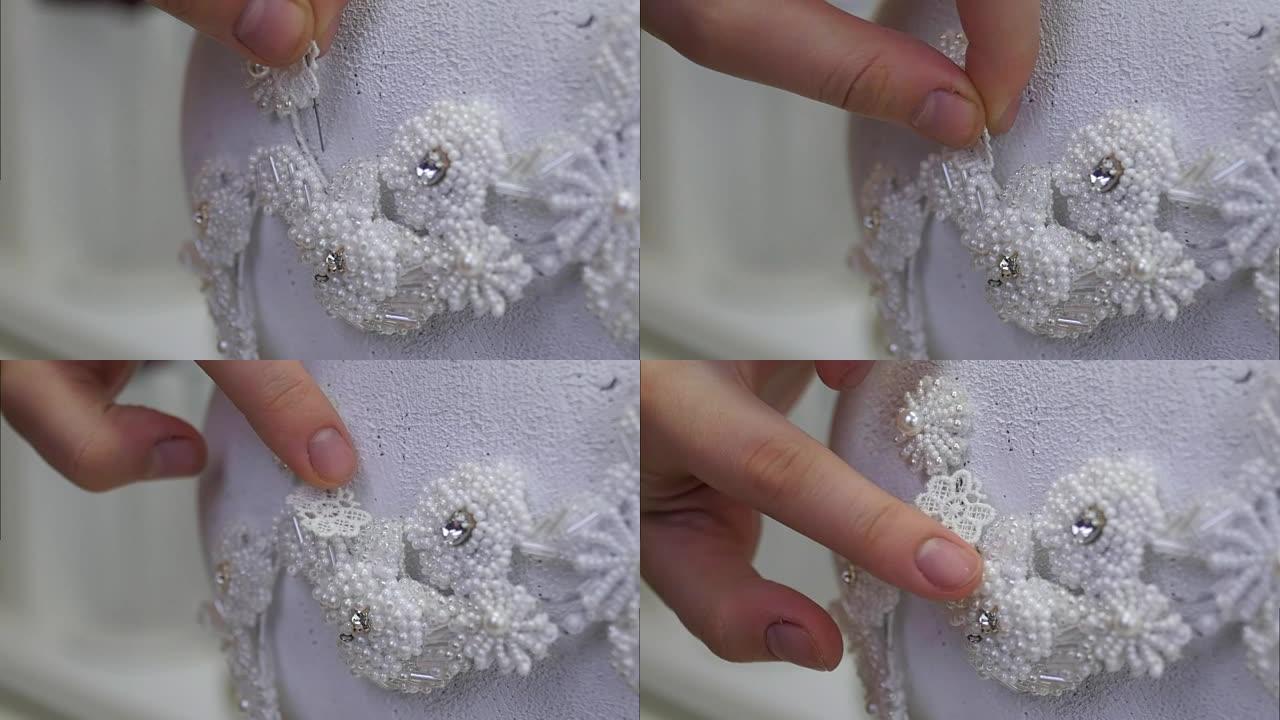 白色蕾丝结婚发饰缝制