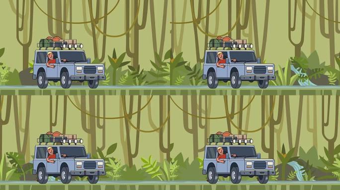 带行李的动画汽车在屋顶上，微笑的家伙在车轮后面骑着穿过雨林。丛林森林背景上的移动车辆。平面动画。
