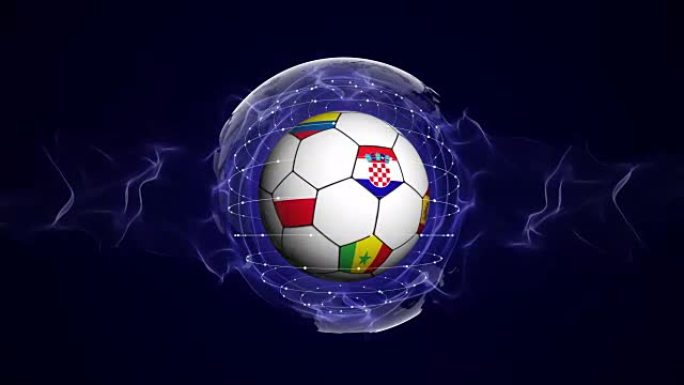 足球和世界旗帜在蓝色抽象粒子环，放大 \ 缩小，动画，背景，循环