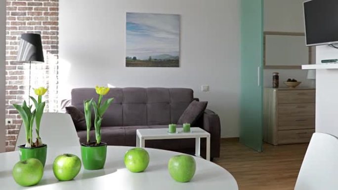 斯堪的纳维亚风格的新现代公寓的内部。运动全景视图。