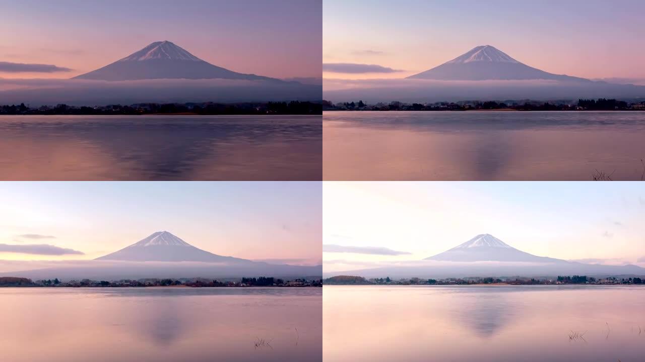 延时缩小川口湖日出山富士反射