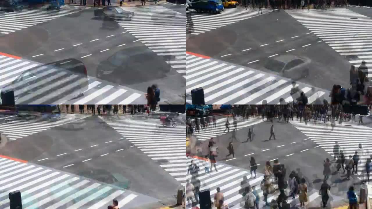 4k延时: 行人在涩谷十字路口过马路，缩小镜头