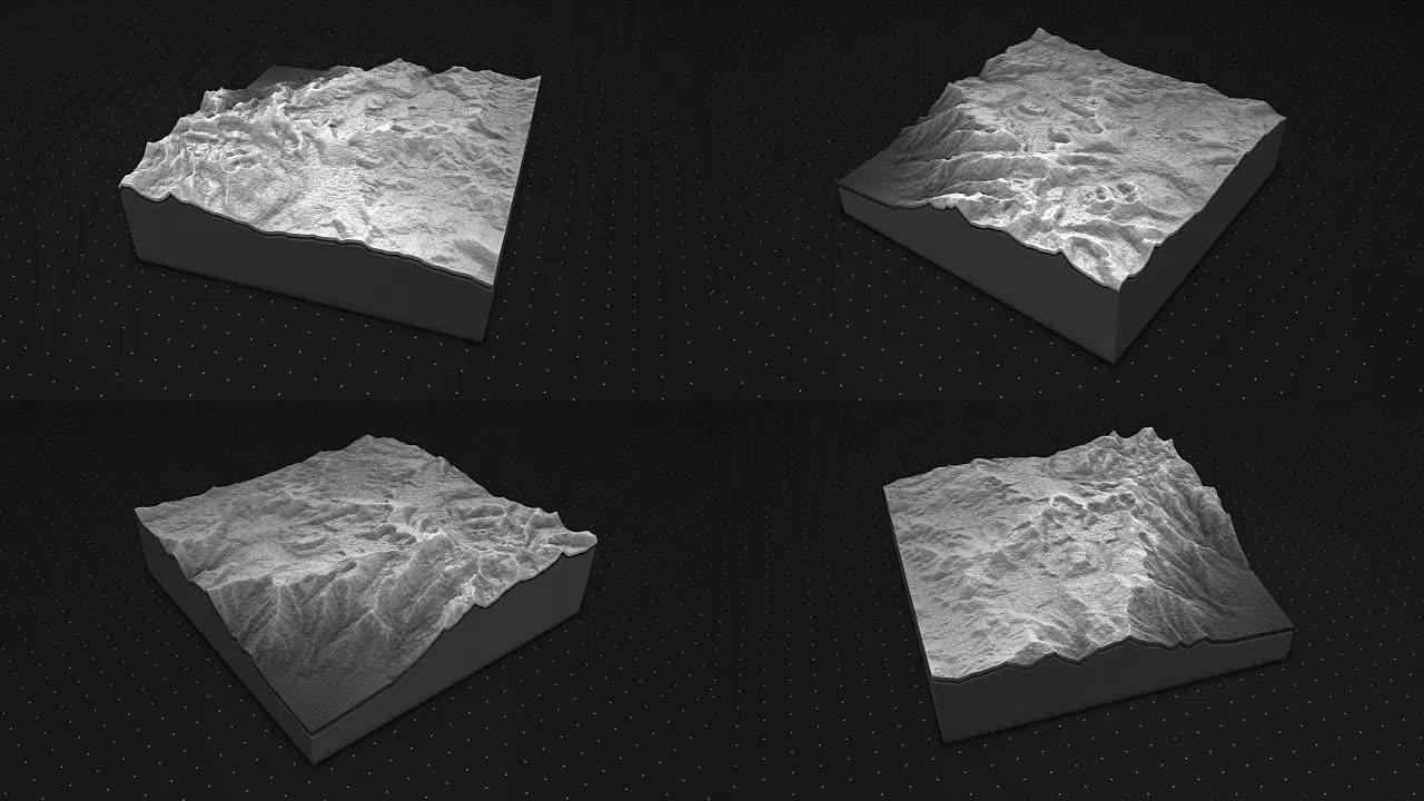 土壤切片的3d渲染，山脉孤立在黑暗背景上。