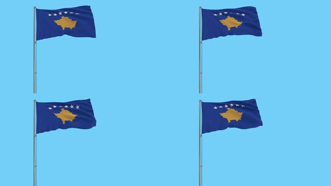 在蓝色背景上随风飘扬的旗杆上隔离科索沃国旗，3d渲染