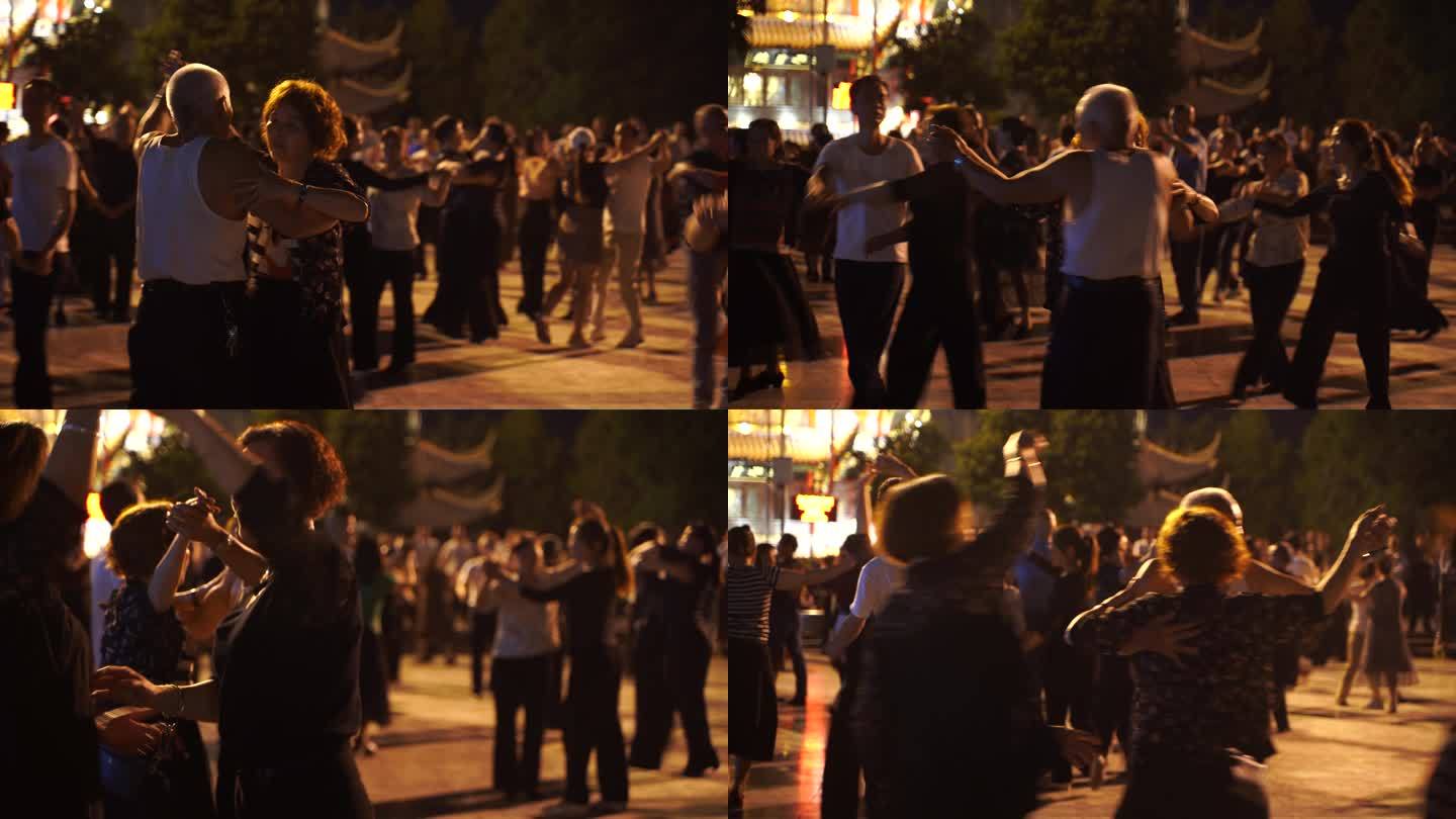 公园广场舞晚上休闲活动夜晚老年人跳舞锻炼