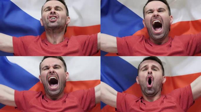 捷克球迷庆祝举着捷克国旗慢动作，4k，高品质